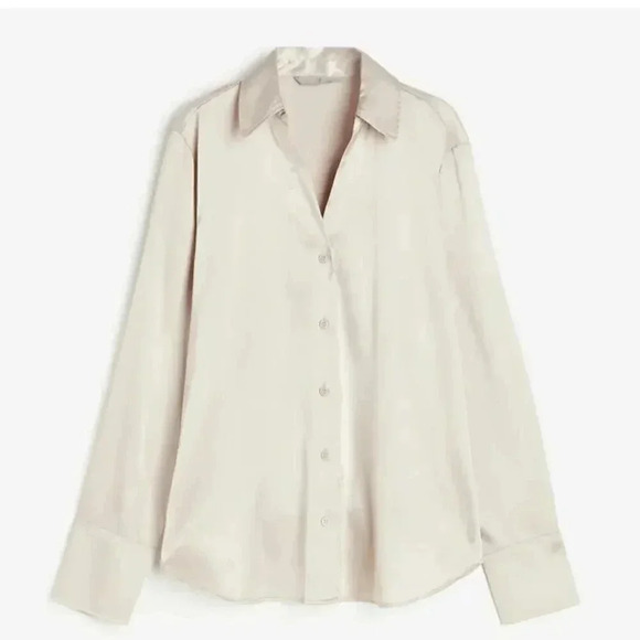 H&M Button Down Long Sleeve Top Silky Beige Size M - Picture 2 of 8